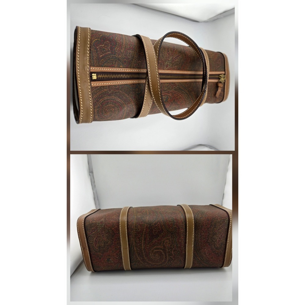 Etro Milano Paisley Print Barrel Bag Brown Leather Trim Vintage Cylinder Satchel - Picture 9 of 10